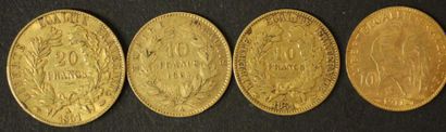 null Une pièce de 20 FF 1851 et trois pièces de 10 FF en or jaune 1851,1865, 191...