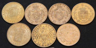 null Lot de 7 pièces en or: 1 pièce de 20 ReichMark 1895, 1 pièce de 20 Lire 1883,...