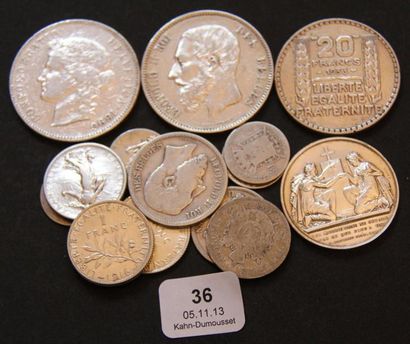 null Lot de pièces en argent: 1 pièce de 5 F belge, 1 pièce de 2 F belge, 1 pièce...