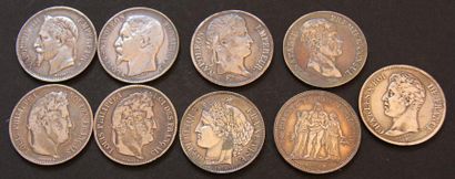 null Neuf pièces de 5 FF en argent: AN XI, 1812, 1826, 1834, 1843, 1852, 1867, 1870,...