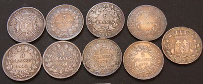 null Neuf pièces de 5 FF en argent: AN XI, 1812, 1826, 1834, 1843, 1852, 1867, 1870,...