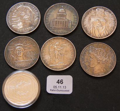 null Six pièces de 100 FF en argent 1982, 1986, 1988, 1989, 1990, 1991 et une pièce...