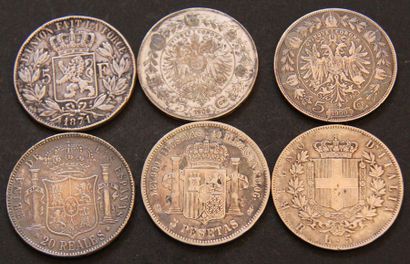 null Lot de 6 pièces européennes en argent: 1 p. 5 FBelge 1871, 1 p. 5 Lire 1876,...