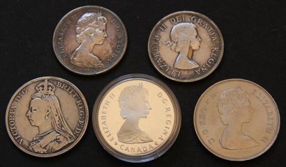 null Lot de 5 pièces en argent: 1 p. d'1 couronne 1889, 3 p. de 1 dollars canadien...