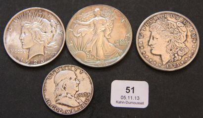 null Lot de 4 pièces américaines en argent: 1 2 $ Franklin 1963, 3 p. one dollars...