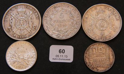 null Lot en argent: trois pièces de 5 FF 1849, 1868, 1870, une pièce de 5 FF semeuse,...