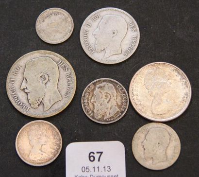 null Lot de pièces en argent: une pièce de 2 F belge 1866, une pièce de 1 F belge...