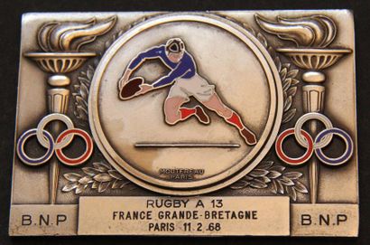null Plaque commémorative en métal argenté de Rugby à XIII "France - Grande Bretagne...
