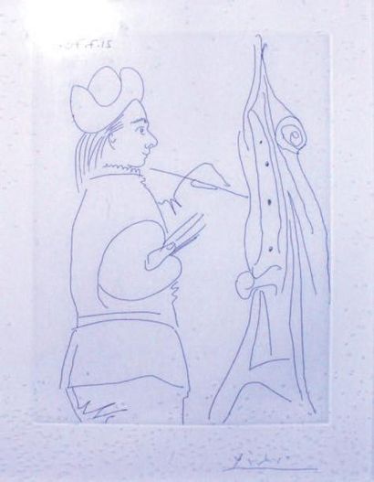 Pablo Picasso (1881-1973) Le peintre devant son chevalet. 21-7-70. 20,5 x 14,6 cm./...