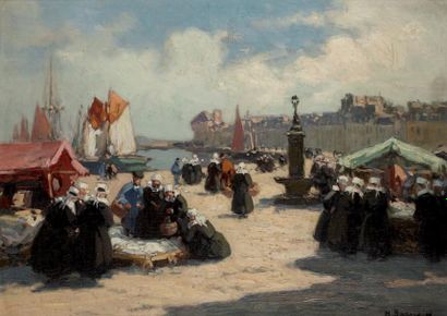 Henri Alphonse Maximin BARNOIN (1882-1940) Le marché à Concarneau. Huile sur toile....