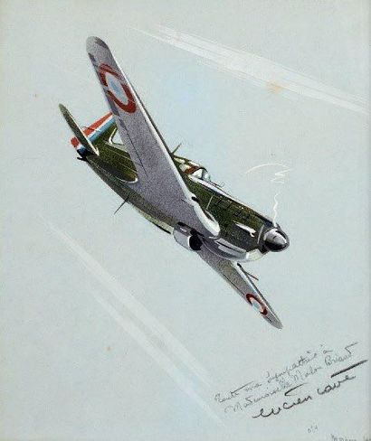 Lucien CAVÉ (XXe siècle) Morane-Saulnier 406 en piqué. Gouache sur papier. Dédicacé...
