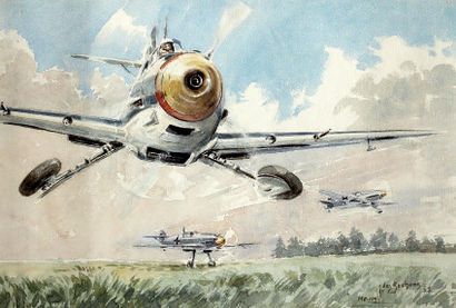 Ecole Moderne Trois Messerschmitt Bf 109 au décollage, 1941. Aquarelle sur papier....