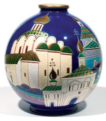 LONGWY Vase boule coloniale «Reflets d'or» en faïence émaillée cloisonnée polychrome...