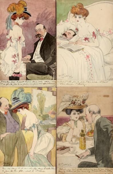 F.SOTTLOB (XIXe siècle) Ensemble de quatre cartes postales érotiques. Aquarelle et...
