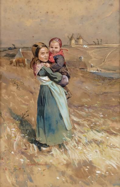 Edouard DOIGNEAU (1865-1954) Femme et enfant dans un paysage. Gouache et crayon sur...