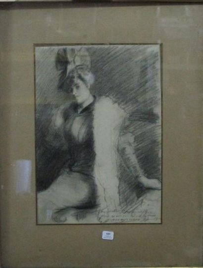 Ecole Moderne "Femme galante" Fusain signé en bas à droite 36x34 cm
