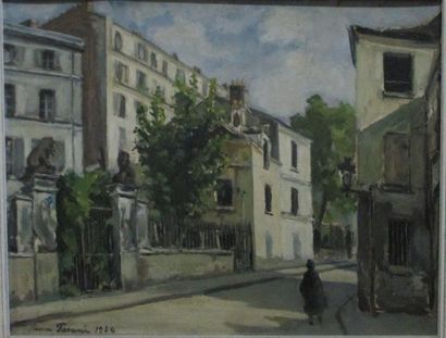 Pierre FASANI (1905-1980) "Rue animée" huile sur carton (petits accidents)