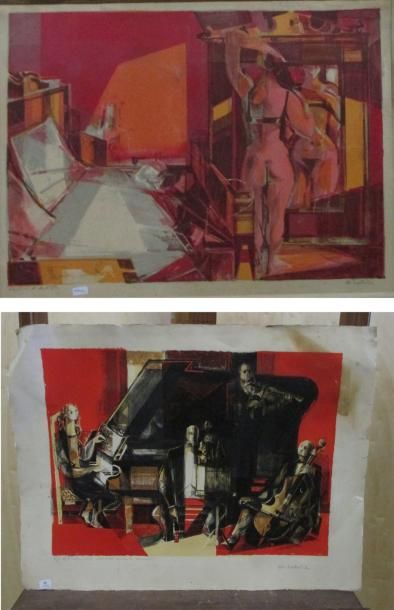 null Deux lithographies C. HILAIRE "La femme à sa toilette", "Les Musiciens" (accidents,...
