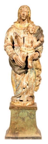 Ecole Française du XVIIIème siècle «Vierge à l'enfant» Statue en bois sculpté. Traces...