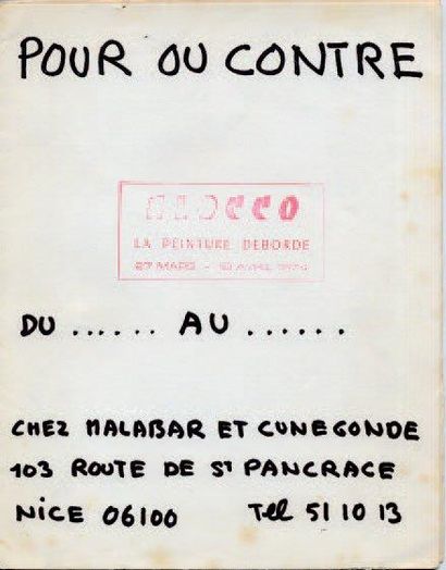 null Pour ou Contre. Chez Malabar et Cunegonde, Nice, 1974. Galerie Alocco, La peinture...