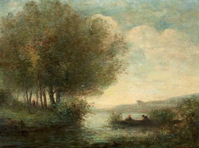 Jean-Baptiste Camille COROT suite de (1796-1875) "Personnages sur une barque" Huile...