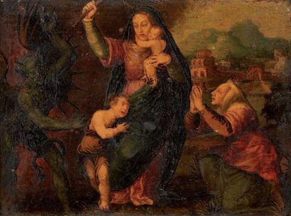 École ITALIENNE du XVIe siècle La Vierge à l'enfant chassant le Démon Huile sur panneau...