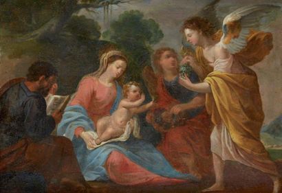École Française du XVIIe siècle L'enfant Jésus servi par les anges Huile sur cuivre...