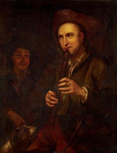École FRANÇAISE du XVIIIe siècle "Le joueur de flûte" Huile sur toile 90 x 72,5 cm....