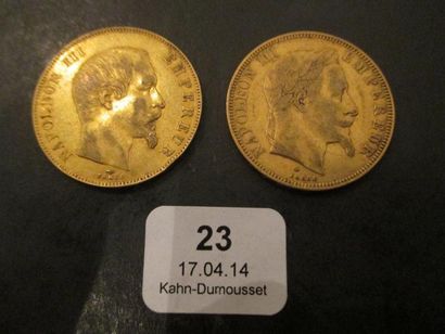null Deux pièces de 50 FF en or jaune 1857, 1866