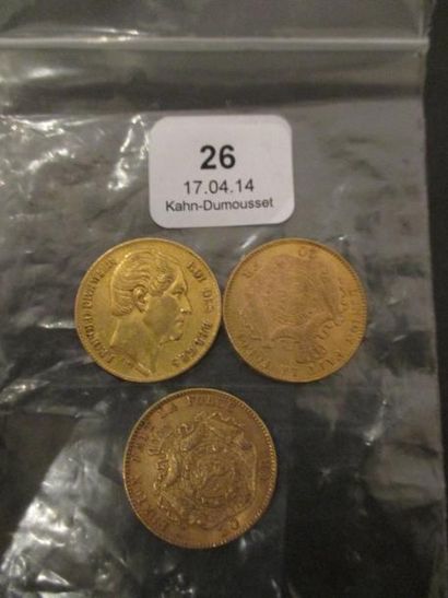 null Trois pièces de 20 FF belge en or jaune 1865, 1875, 1877