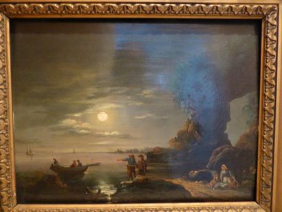 ECOLE DU XIXème s. "Embarquement nocturne" Huile sur panneau 30 x 39,5 cm