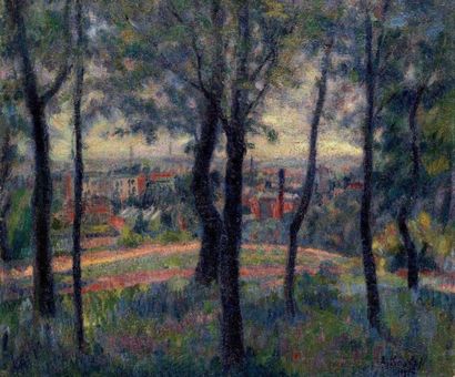 Abraham Kosloff (XIX-XXème) Vue de ville au travers d'arbres, 1919 Huile sur toile...