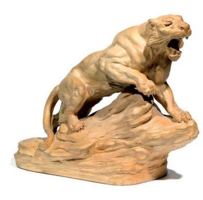 FAGOTIO "Le tigre sur un promontoire" Sculpture en terre cuite, signée H: 30cm L:...