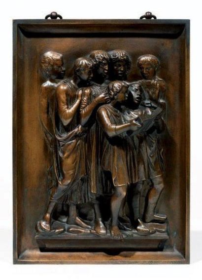 null "Chorale antique". Haut-relief en bronze à patine brune. Marque de F.BARBEDIENNE....