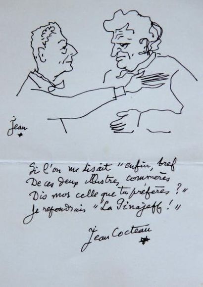 COCTEAU Jean (1889-1963) Très intéressant dessin à l'encre figurant une accolade...