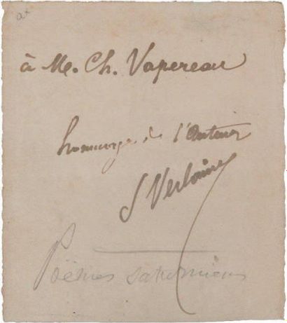 VERLAINE (Paul) 1844-1896 Envoi manuscrit à l'encre sur le f. blanc des Poèmes Saturniens:...