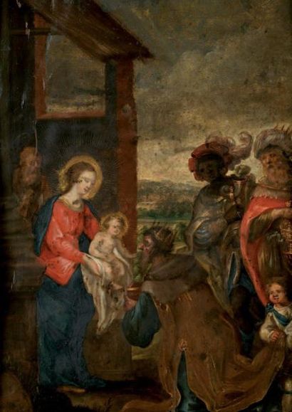 École Flamande du XVIIe siècle Adoration des mages Huile sur cuivre (petits accidents...