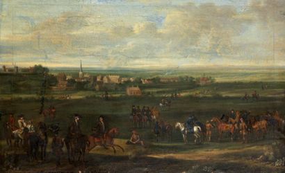 ECOLE ANGLAISE (Genre du XVIIIème siècle) Réunion de cavaliers dans la campagne....