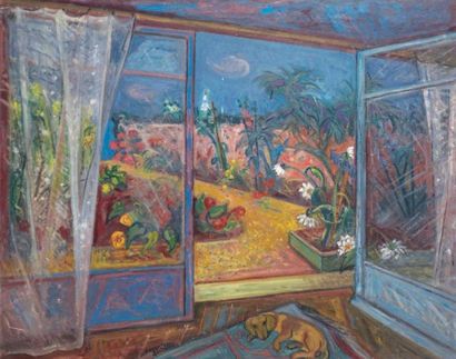 Jacques Lestrille (1904-1985) Teckel dormant devant une fenêtre ouverte sur le jardin...
