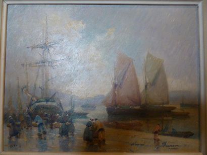 Henri BURON (1880-1969) Port en Bretagne Huile sur panneau signé en bas à droite...