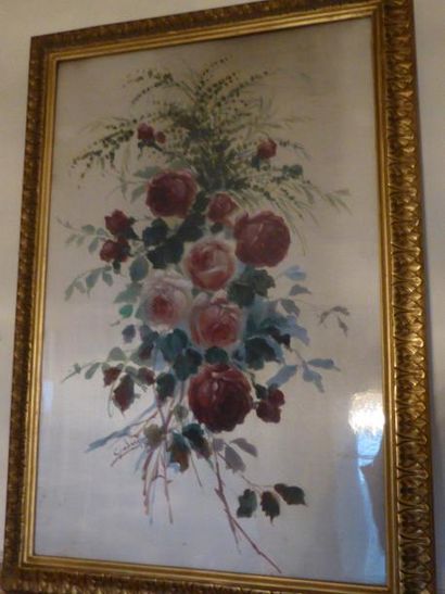 GIORDANI Bouquet de fleurs Huile sur tissu signée 81x52.5 cm (à vue)