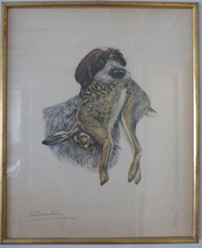 Léon DANCHIN "Chien et lapin" gravure numérotée 190/500 69X56cm