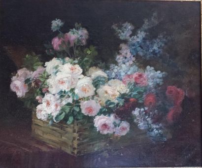 A. LESCUILLON Bouquet de roses huile sur toile signée te datée 1906 54.6x64.5 cm