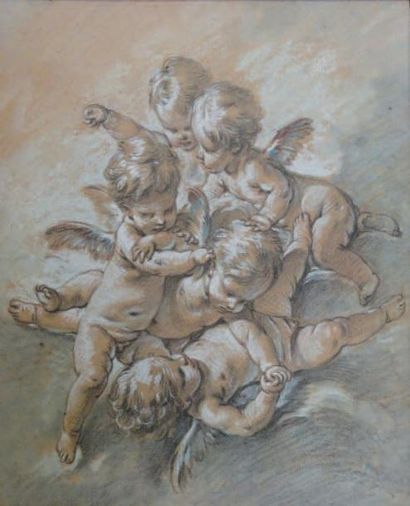 François BOUCHER (1703-1770) attribué à "Groupe de putti". Dessin aux trois crayons,...