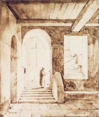 GRANET François Marius (attribué à) (1775-1849) Intérieur de couvent avec moines....
