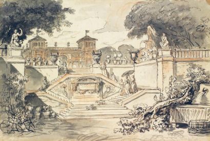 PECHEUX Laurent (Attribué à) (Lyon 1729-Turin 1821) Villa en Italie avec un escalier...