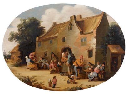 Peter de BLOOT (vers 1601/1602-Rotterdam, 1658) Paysans devant une auberge. Panneau...