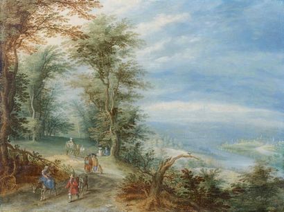 Attribué à Pieter GYSELS (1621-1690) Villageois sur un chemin. Cuivre. 26 x 36 cm....