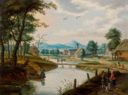 Isaac van OOSTEN (Anvers 1613-1661) Promeneurs près d'une rivière. Panneau parqueté....