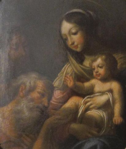 École Française du XVIIe siècle "La Sainte famille avec Jean". Huile sur panneau....